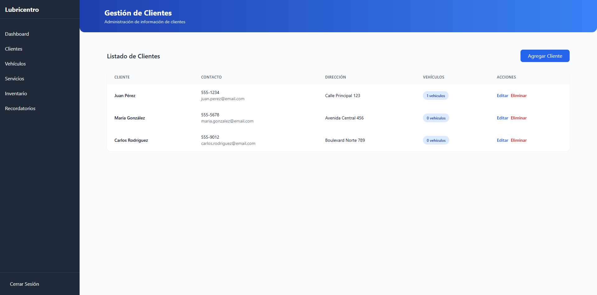 Lubricentro | Panel de control