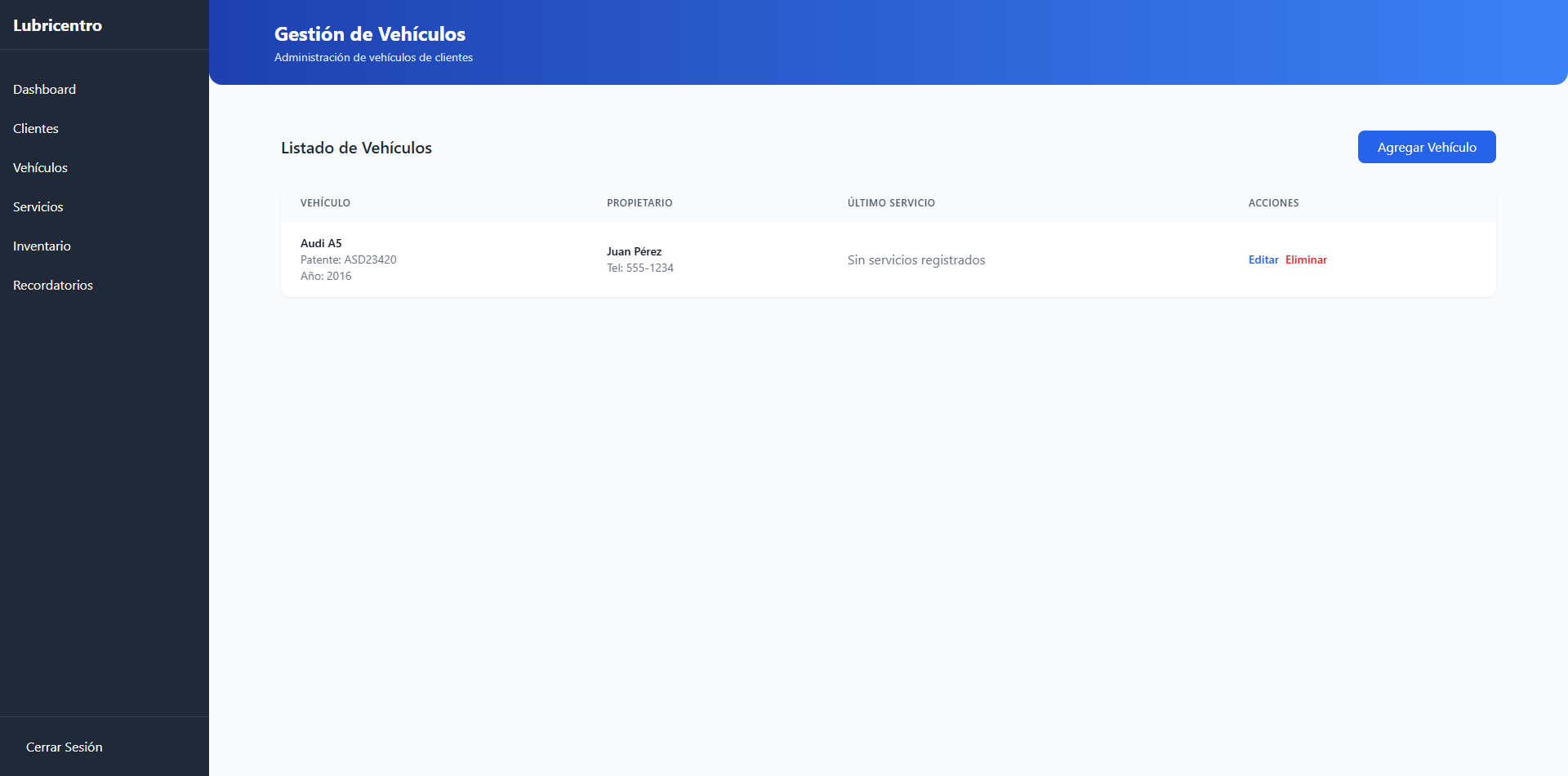 Lubricentro | Panel de control