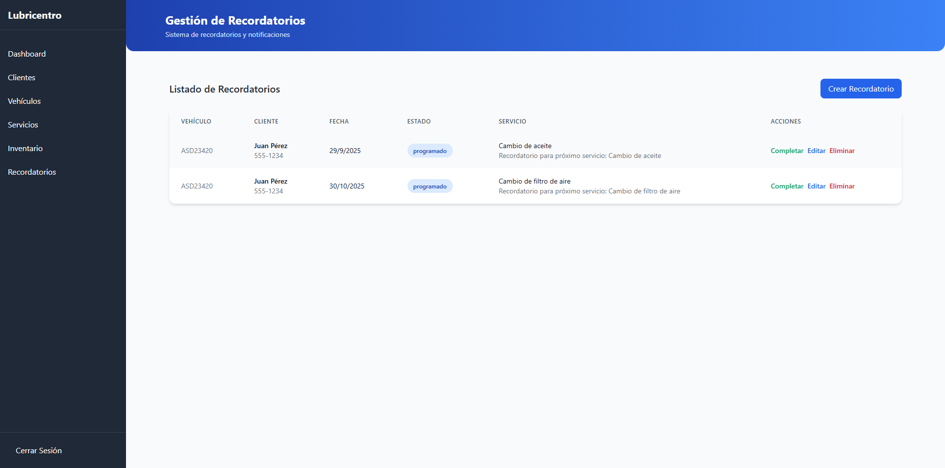 Lubricentro | Panel de control
