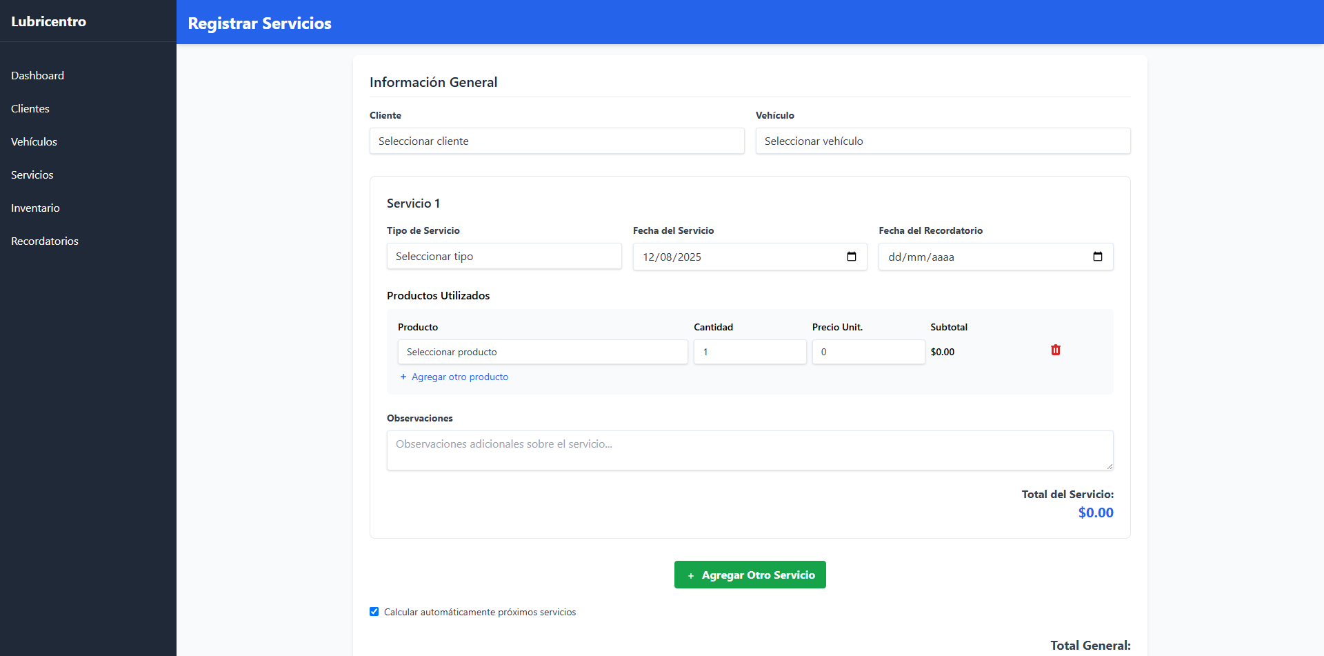 Lubricentro | Panel de control